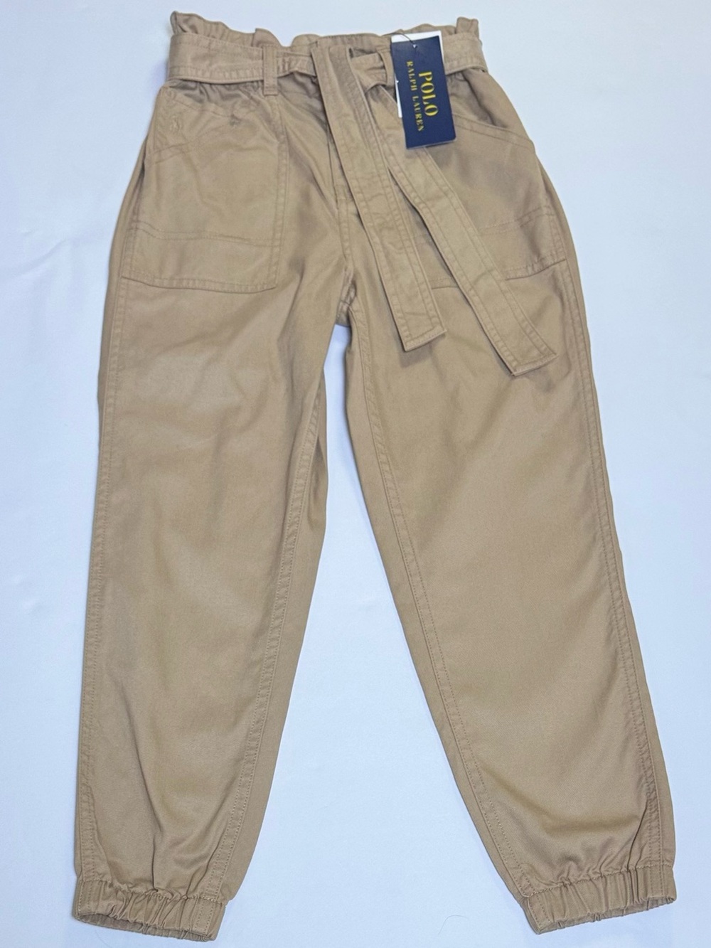 Polo Ralph Lauren Girls Belted Paperbag Cotton Twill Cargo Pants 6X Khaki NWT